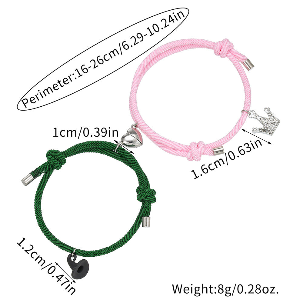 Streetwear Rhinestone Inlay Crown and Witch Hat Charm Bracelet for Couples
