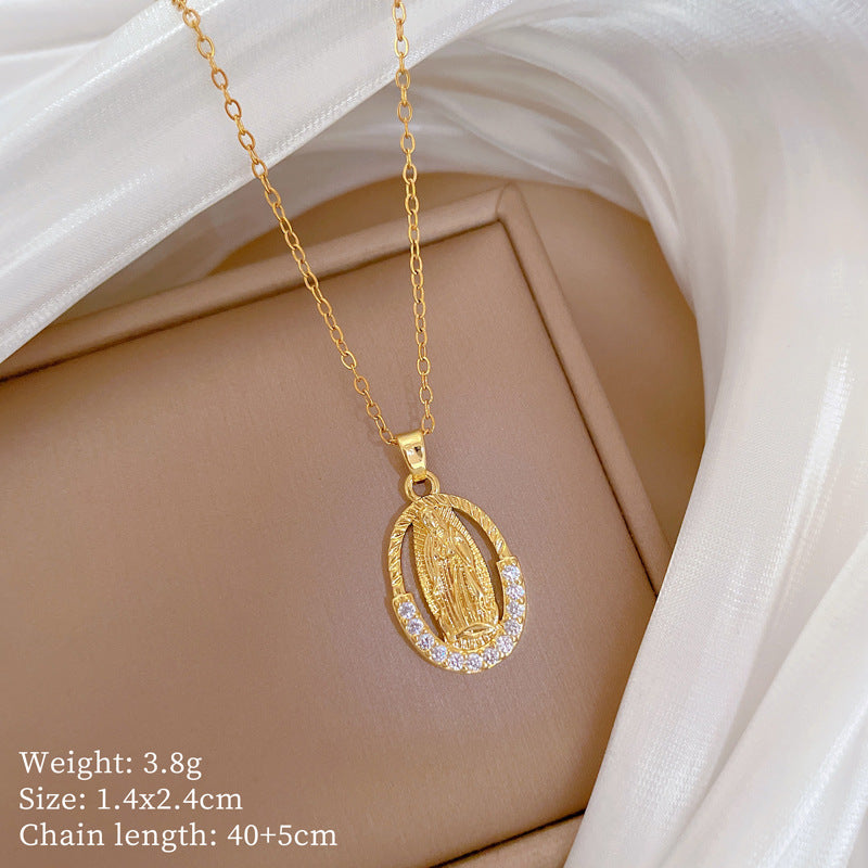 Collana pendente con ritratto a forma di uovo, elegante, da donna, con intarsi di strass su catena in acciaio al titanio