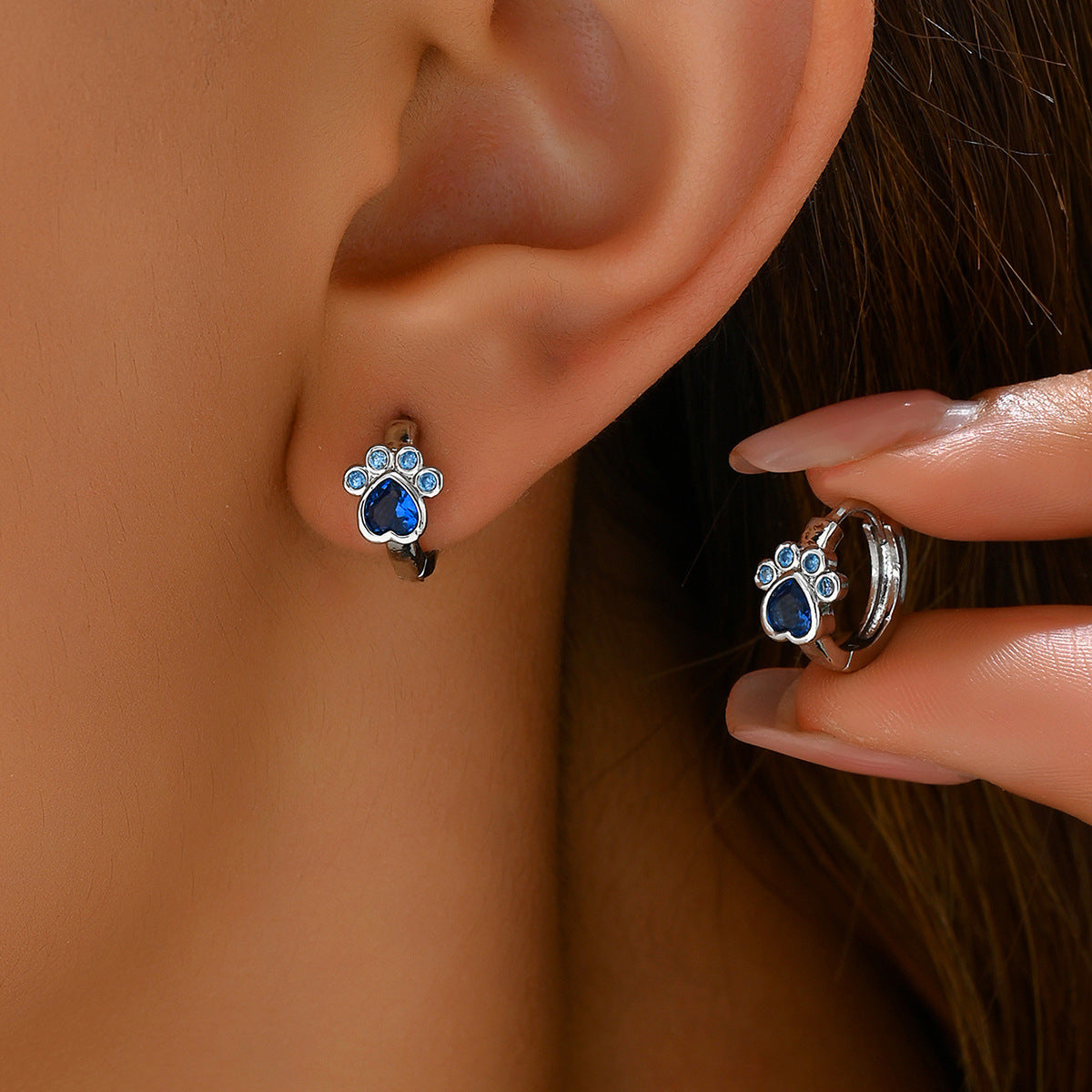 Minimalist Fashionable Bear Paw Stud Earrings for Women with Cubic Zirconia Inlay on Copper Base and Stainless Steel Posts