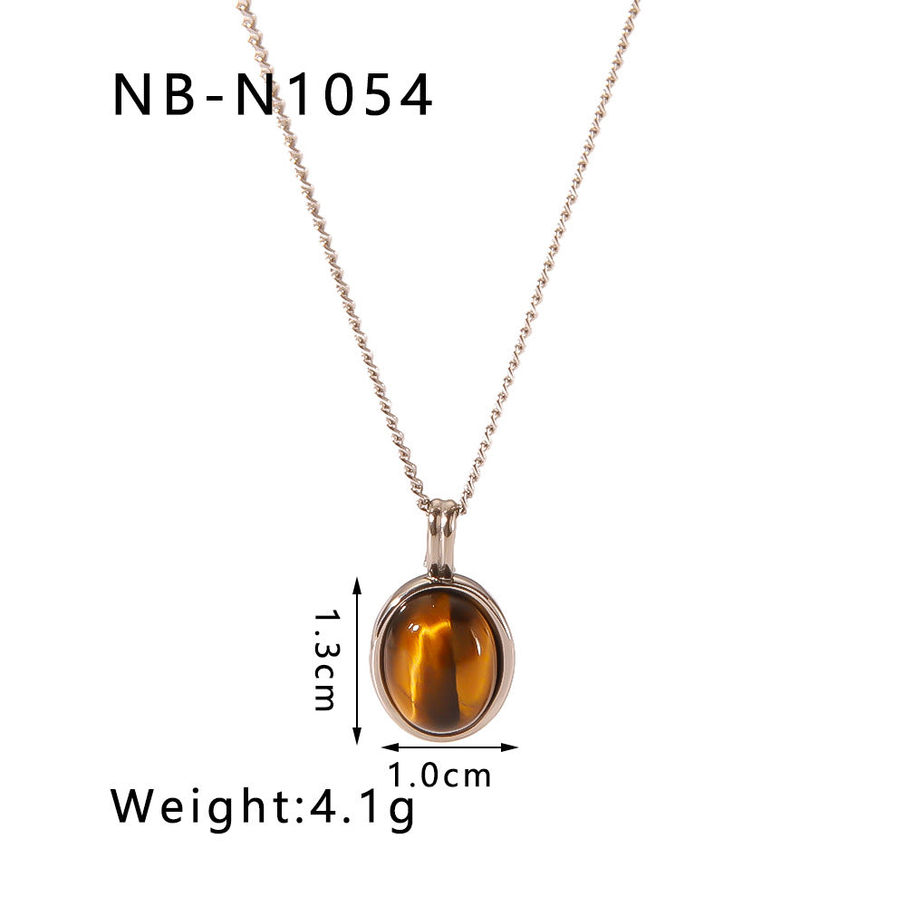 Vintage French Style Geometric Pendant Necklace for Women Stainless Steel with 18K Gold Plating and Natural Tiger Eye Inlay