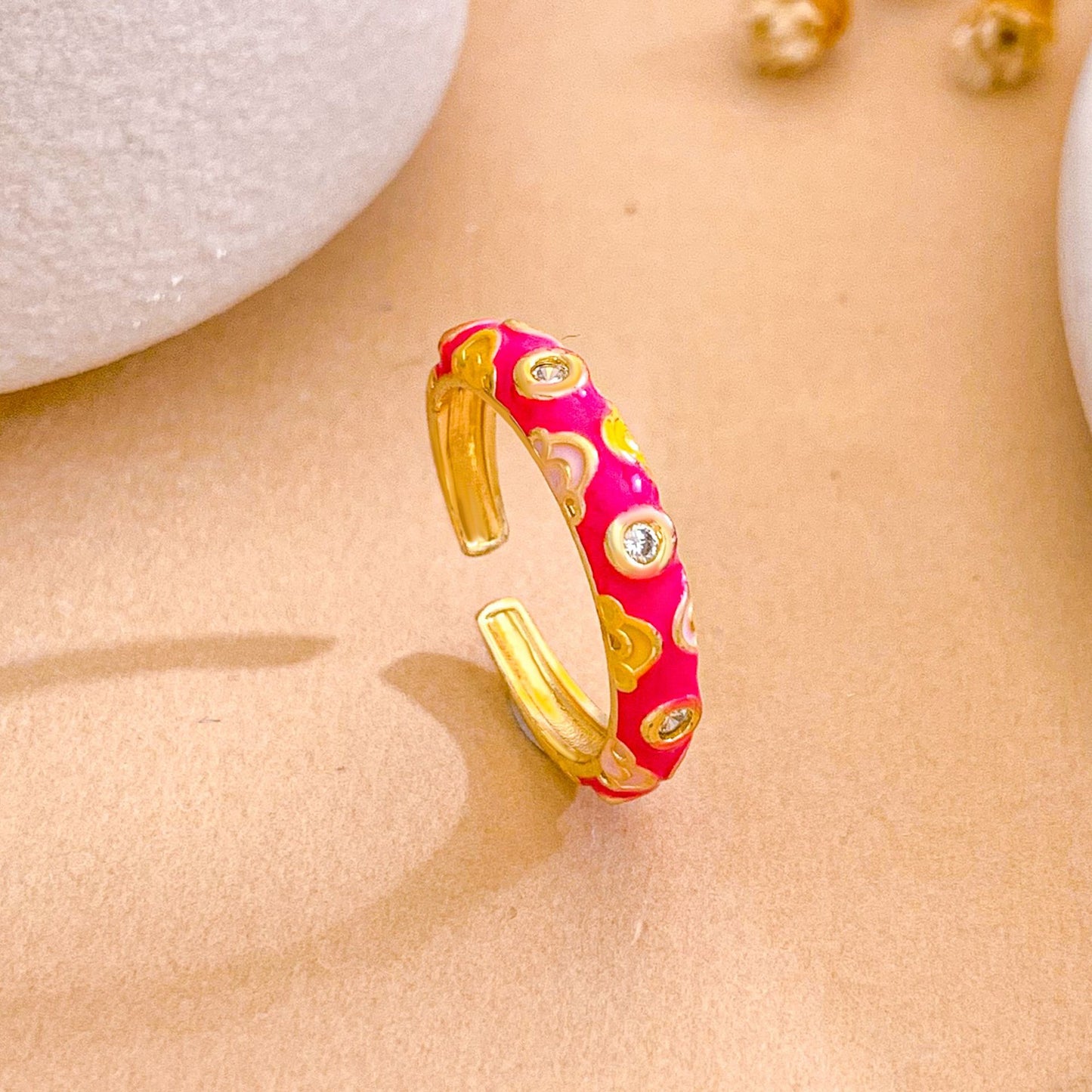 Vintage Sweet Enamel Gold Plated Brass Heart Open Ring for Women