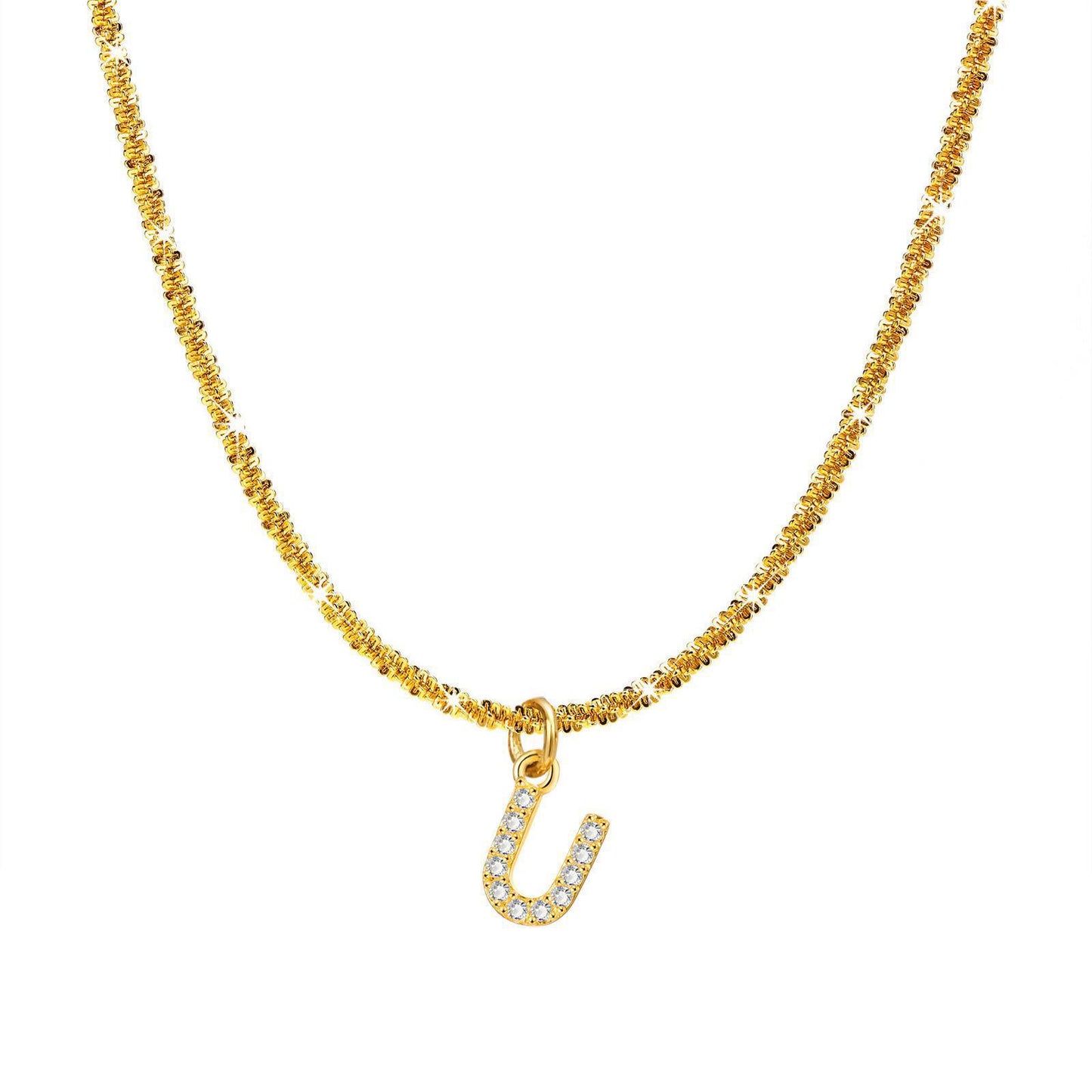 Collana da Donna Minimalista a Forma di Lettera in Acciaio al Titanio con Zirconi Intarsiati e Catena Ondulata