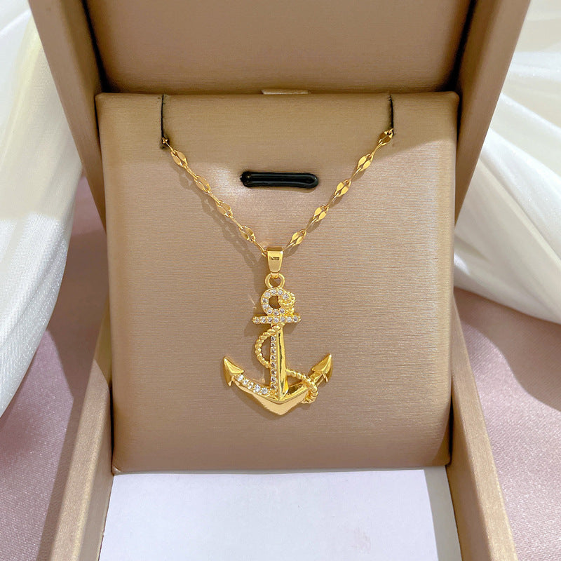 Luxury Fresh and Sweet Anchor Pendant Collar Chain in Titanium Steel with Rhinestone Inlay