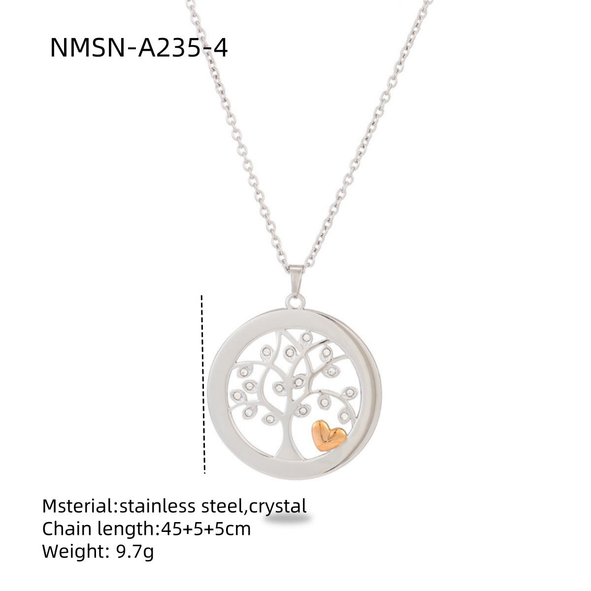 Collana con ciondolo a cuore Albero della Vita minimalista da donna in acciaio al titanio con intarsio di strass e finitura placcata