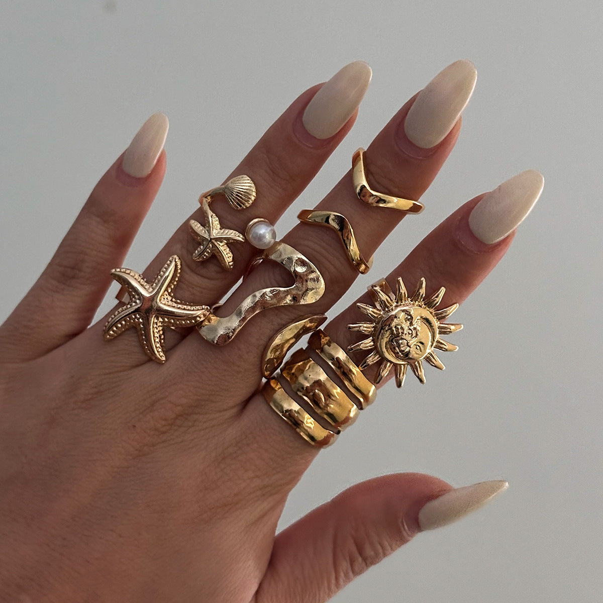 Anello aperto in lega vintage da donna con girasole geometrico e stella, con finitura placcata