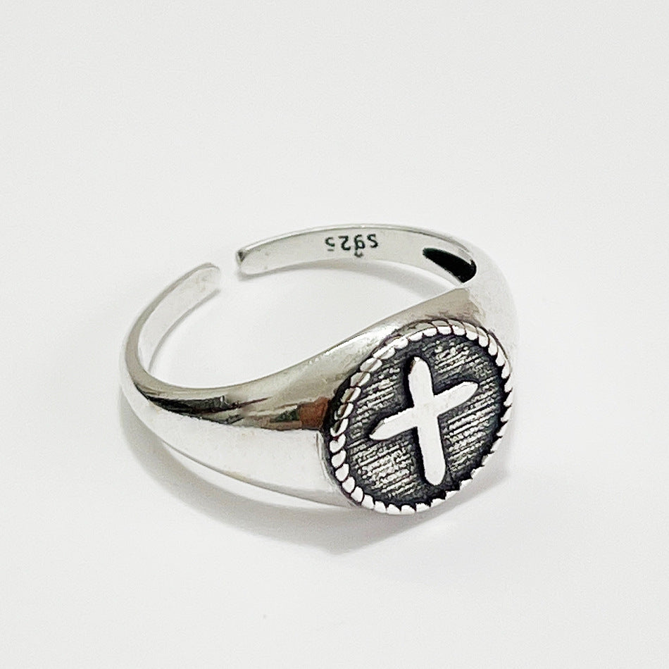 Vintage 925 Sterling Silver Geometric Cross Plated Adjustable Ring for Women