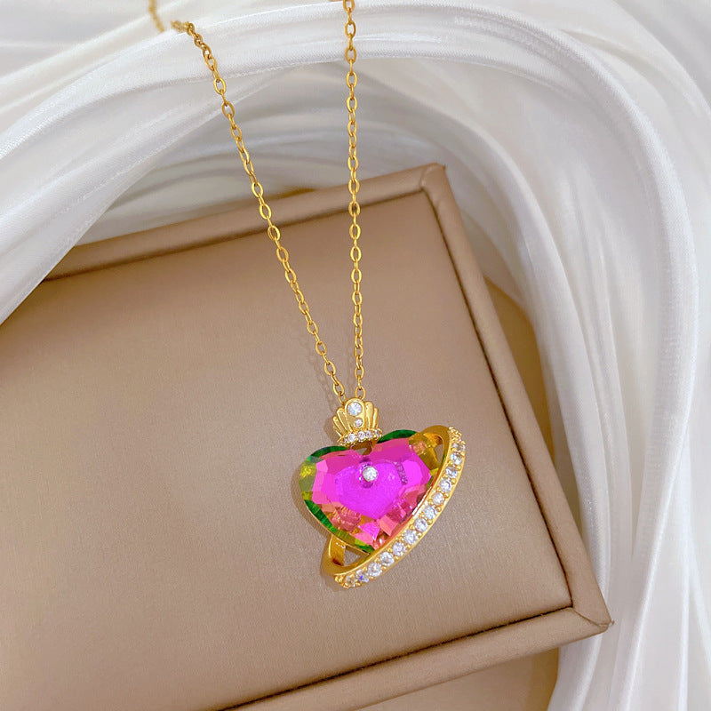 Sweet Minimalist Colorful Heart Crown Rhinestone Titanium Steel Necklace for Unisex
