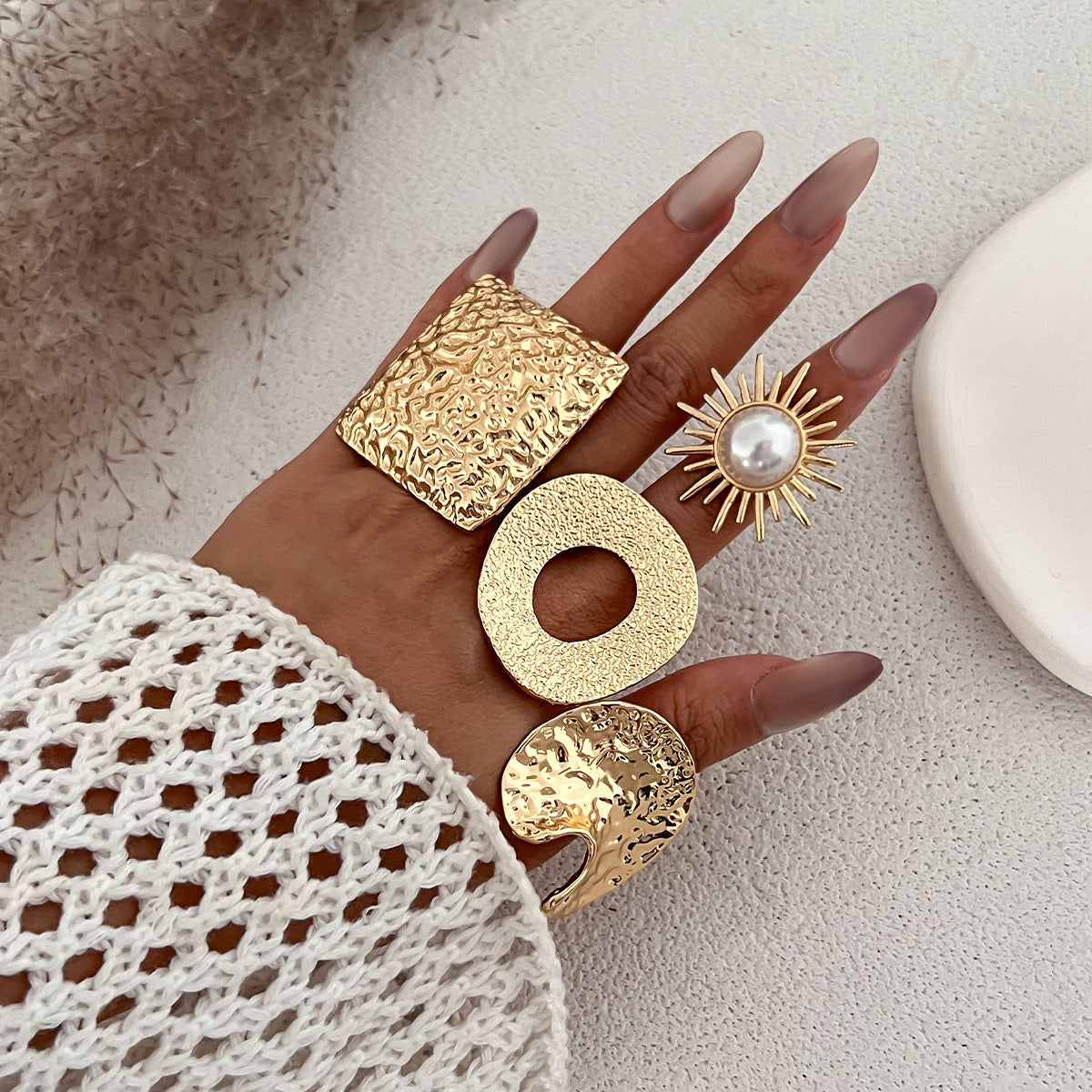 Stackable Geometric Square Floral Alloy Plated Ring Set for Women