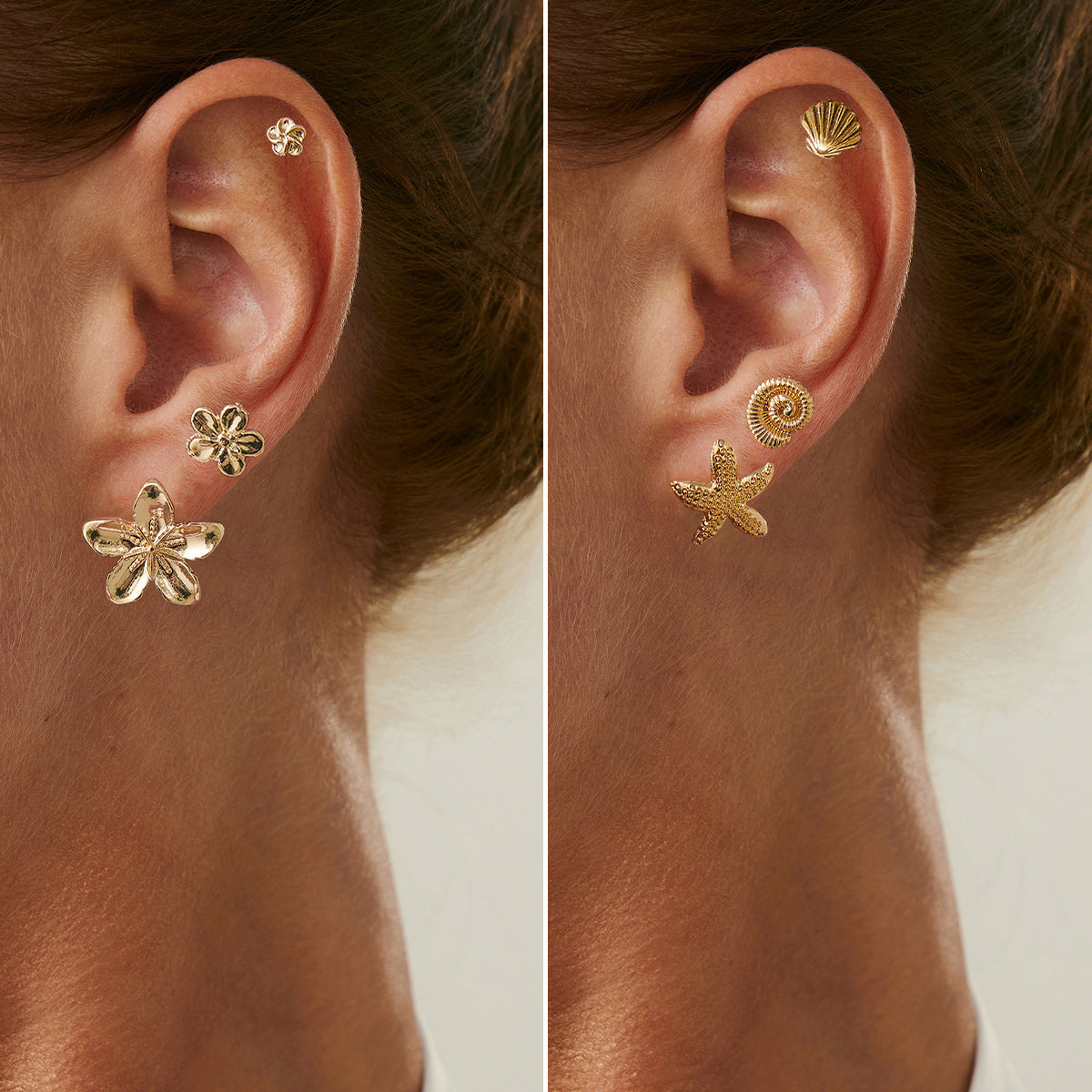 Orecchini a perno da donna a forma di stella minimalista in lega, con design a petali floreali e placcatura in oro