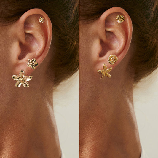 Pendientes de botón minimalistas con forma de estrella de aleación con diseño de pétalos florales y chapado en oro para mujer