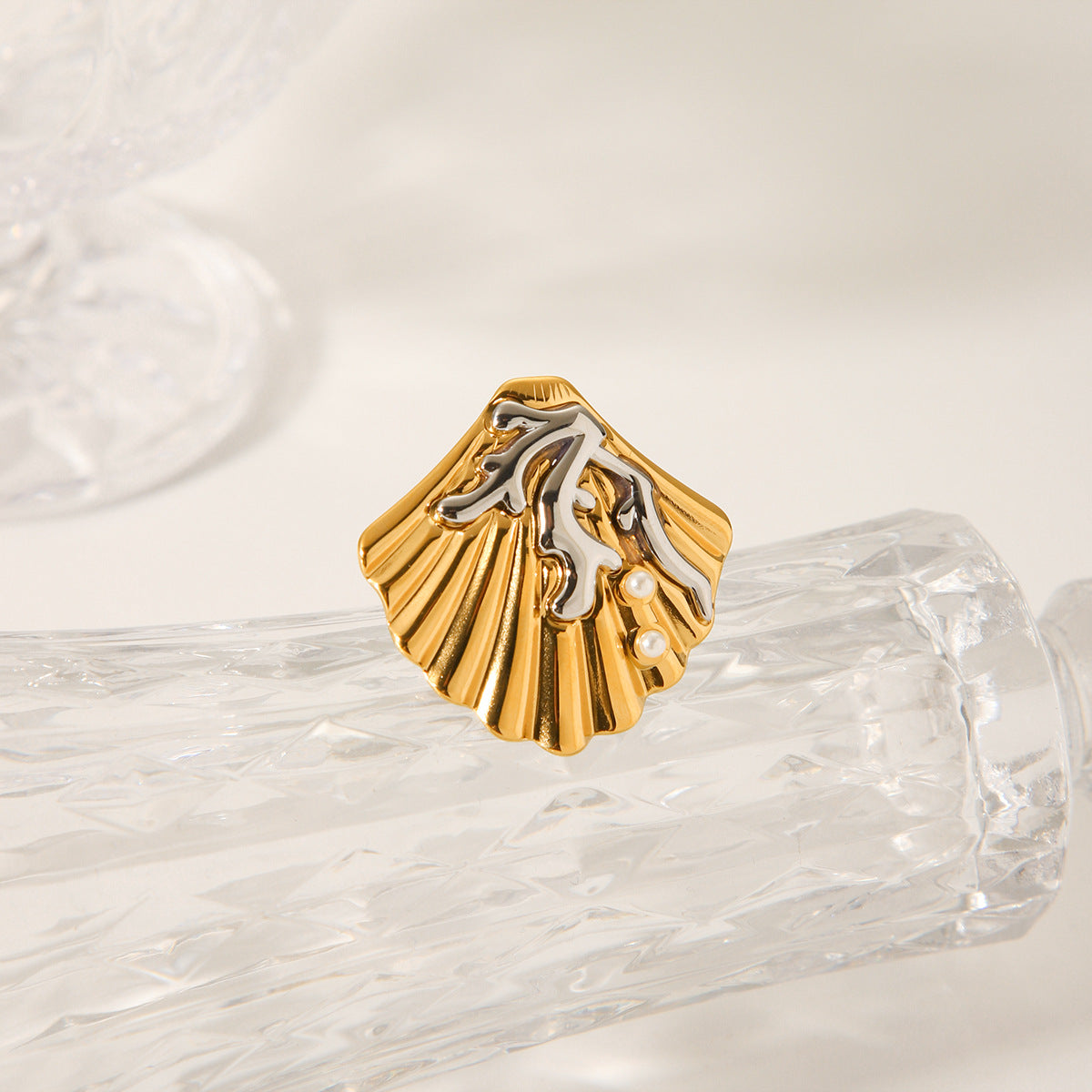 Minimalist Geometric Stainless Steel Ring with Gold Silver Two-Tone Plating Coral Shell and Pearl Accents for Women