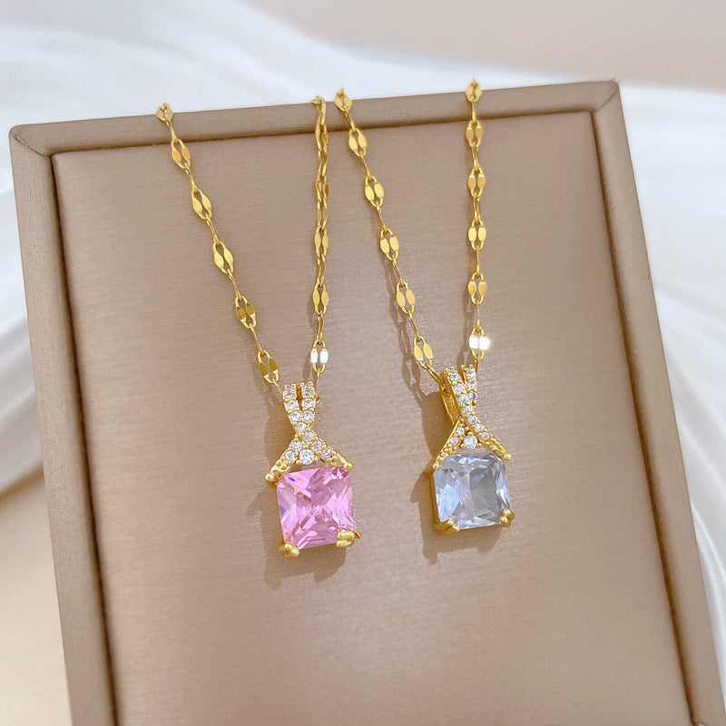 Sweet Geometric Moon Rhinestone Plated Titanium Steel Necklace for Women