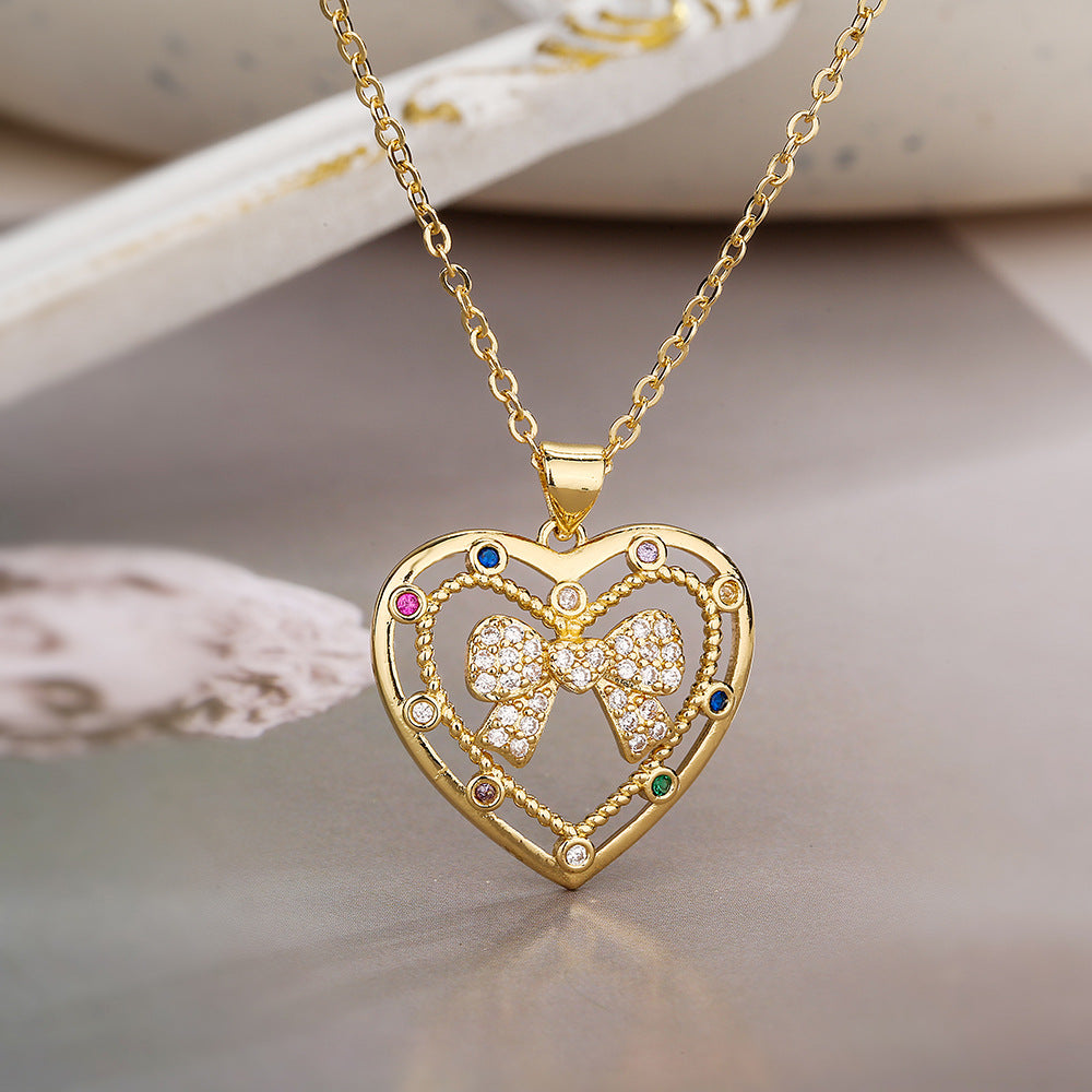 Minimalist Bowknot Tree of Life Heart Pendant Necklace for Women in Copper with Gold Plating and Zircon Inlay