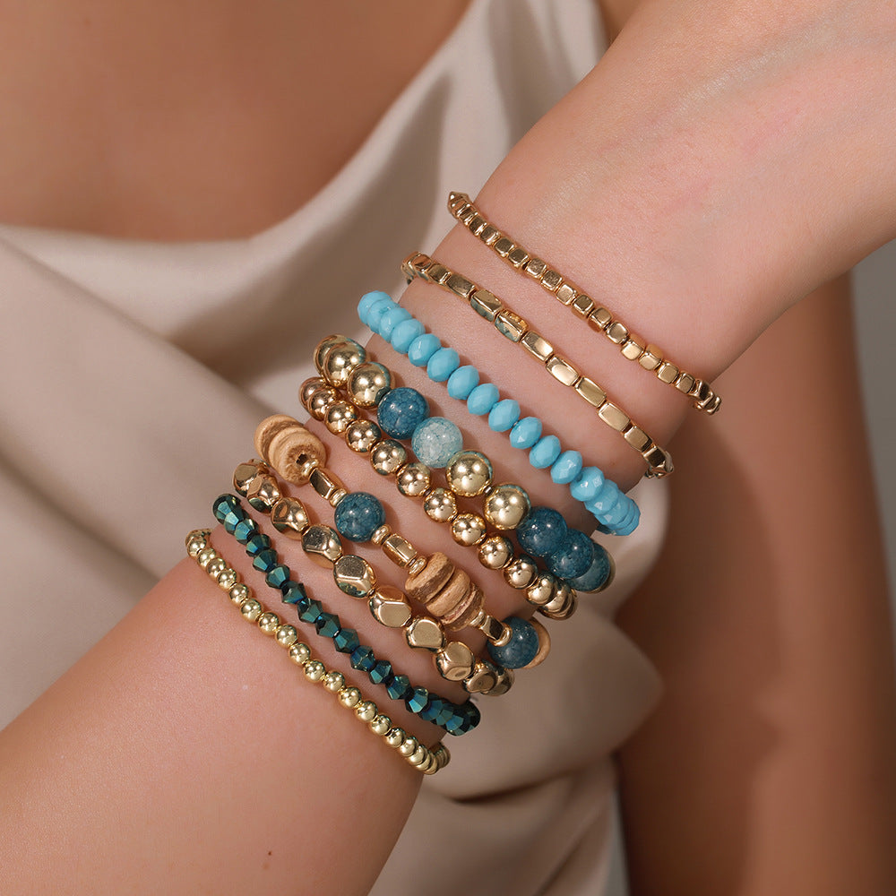 Bohemian Blue Geometric Round Wood and Crystal Beaded Bracelet Set