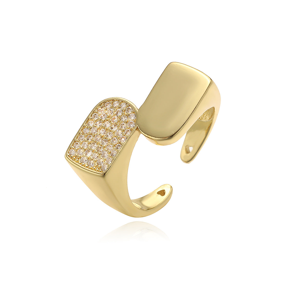 Anello Aperto Geometria Minimalista Vintage da Donna in Ottone Placcato Oro 18K con Intarsio di Zirconi