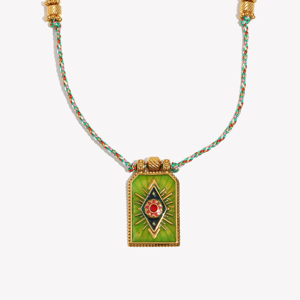 Minimalist Geometric Stainless Steel Plated 18K Gold Handwoven Colorful Cord Eye Charm Necklace for Women
