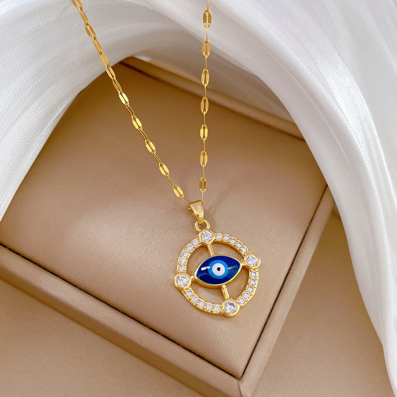 Minimalist Round Eye Pendant Necklace for Women and Men Stainless Steel Chain with Rhinestone Accents Lightweight Clavicle Chain