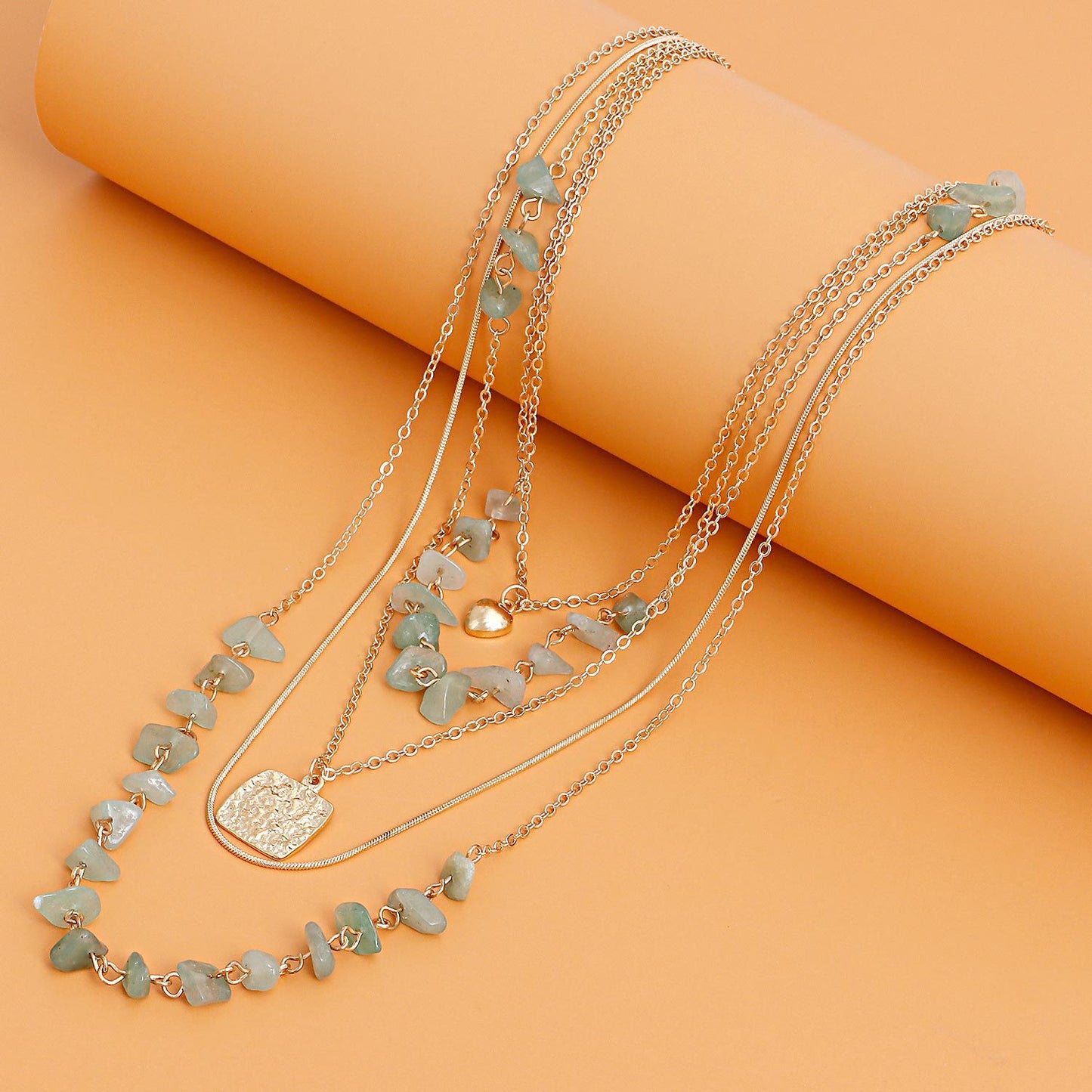 Vintage Multi-Layer Snake Chain Necklace with Mini Heart Pendant, Turquoise Square Inlay, Alloy Construction, Electroplated Finish for Women