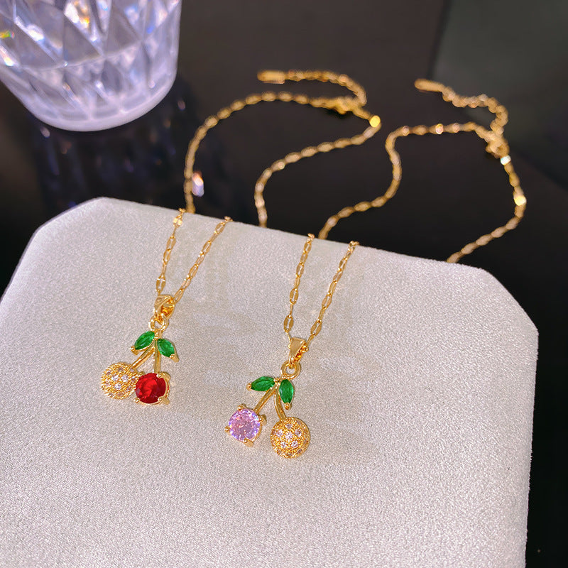 Sporty Sweet Gold Plated Brass Cherry Pendant Titanium Steel Necklace for Unisex