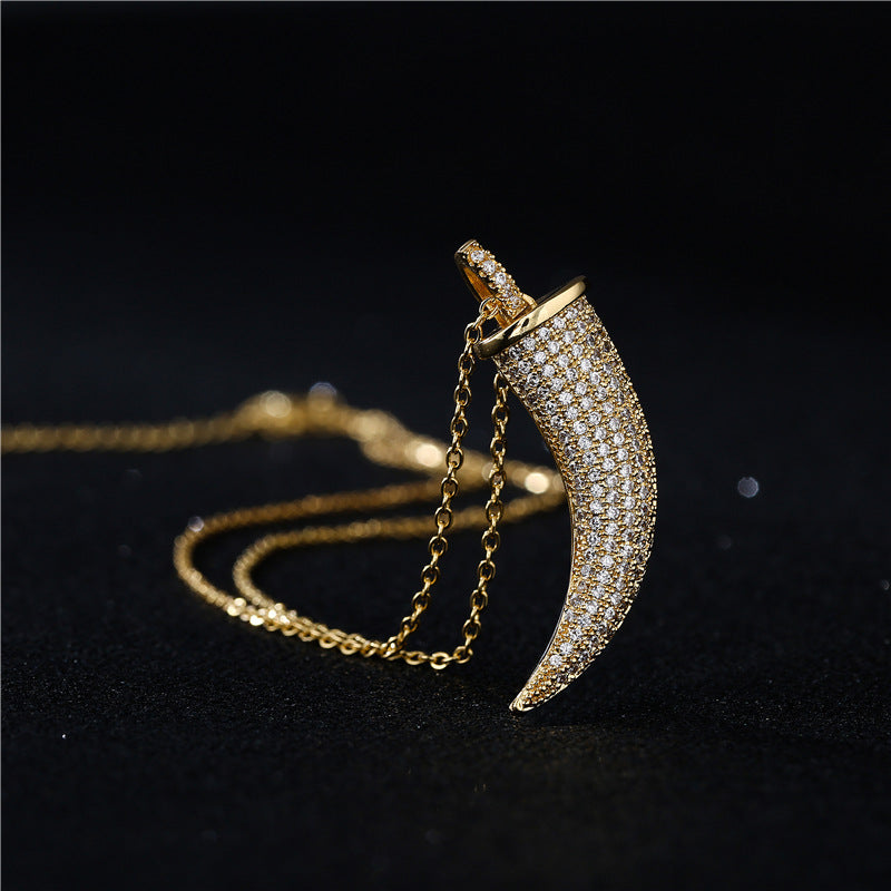Minimalist Geometric Horn Pendant Necklace for Women in Copper with Enamel Finish and Cubic Zirconia Inlay on O-Chain