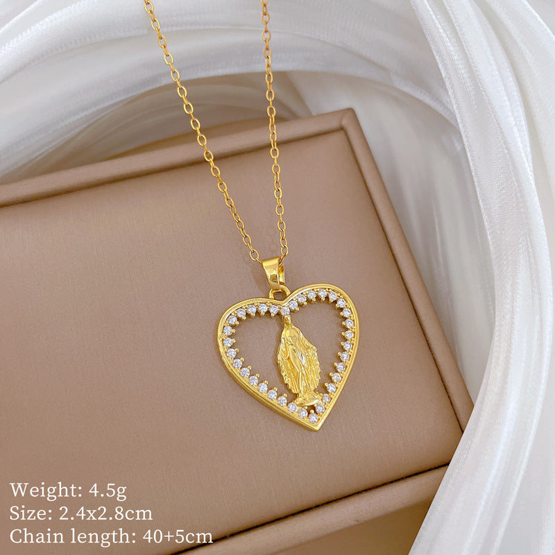 Sweet Minimalist Heart Geometric Cartoon Rhinestone Pendant Titanium Steel Necklace for Unisex