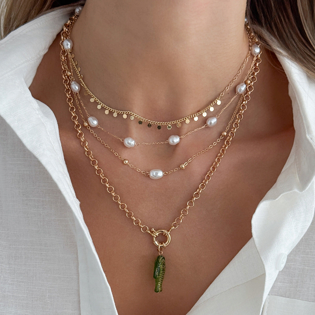 Sweet Plated Brass Animal Fish Resin Pendant Ball Chain Necklace Charm Bar for Women