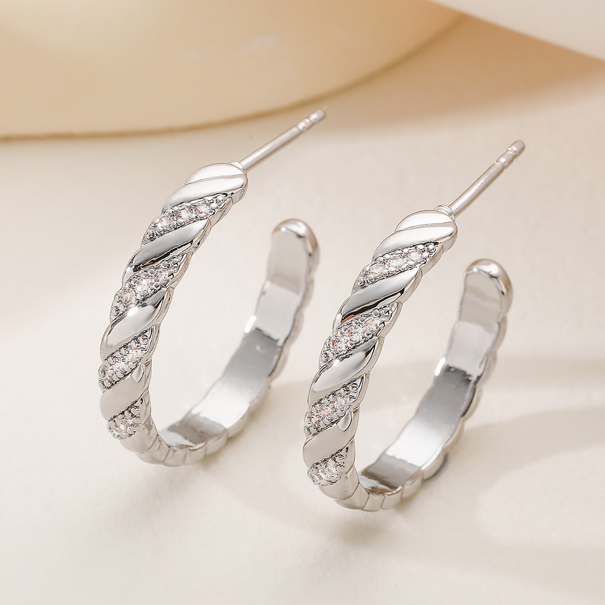 Luxury Vintage Geometric Gold Plated Brass Micro-Inlay Cubic Zirconia C-Shape Earrings for Women