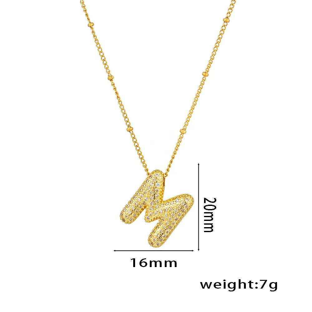 Collana con ciondolo a lettera in zirconi micro-pavé placcato oro 18 carati, catena di perline in acciaio inossidabile/acciaio al titanio, gioielli unisex alla moda per pendolari