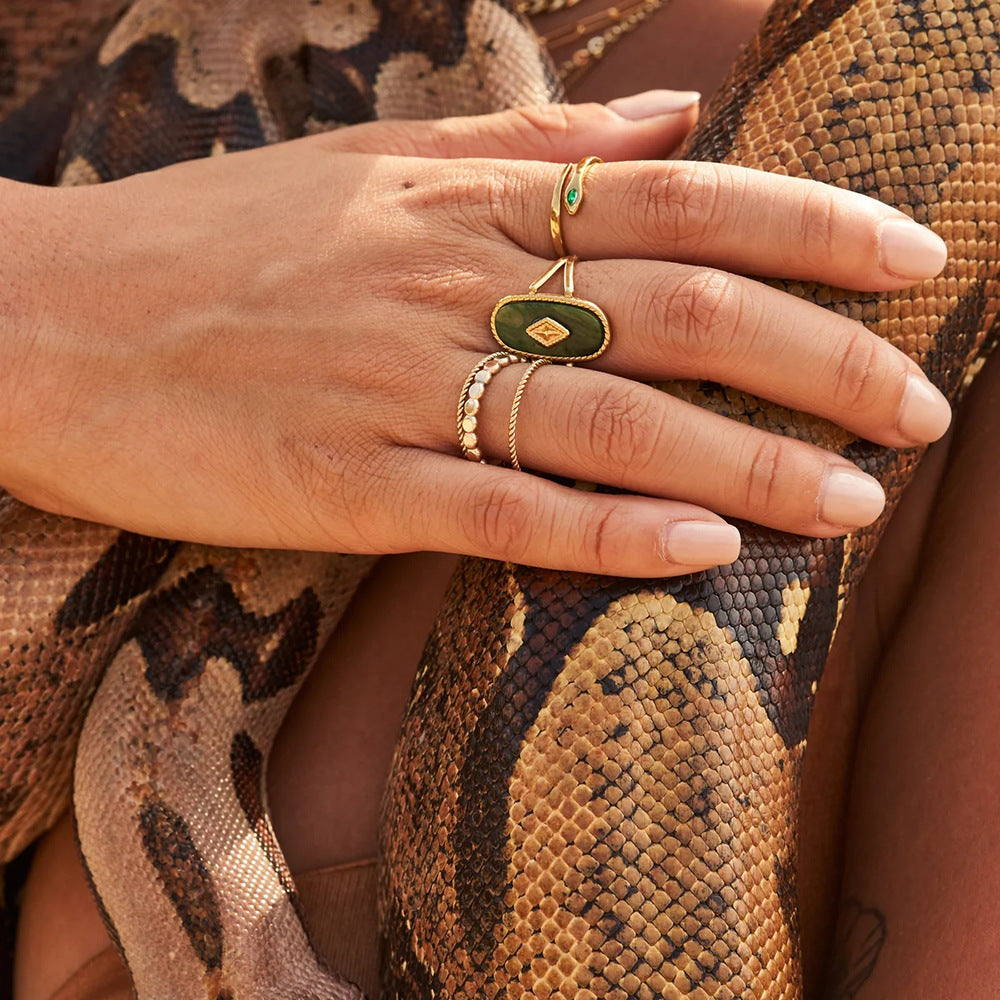 Vintage 18K Gold Plated Stainless Steel Geometric Open Ring with Natural African Jade Stone for Women