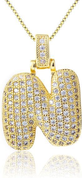 14K Gold Plated Brass Letter Pendant Necklace with Cubic Zirconia Inlay Box Chain for Women
