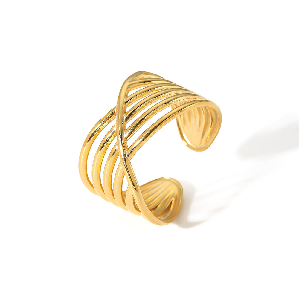 Adjustable Geometric Open Ring with Crossed Layer Design in Titanium Steel Plated with 18K Vacuum Electroplating for Women
