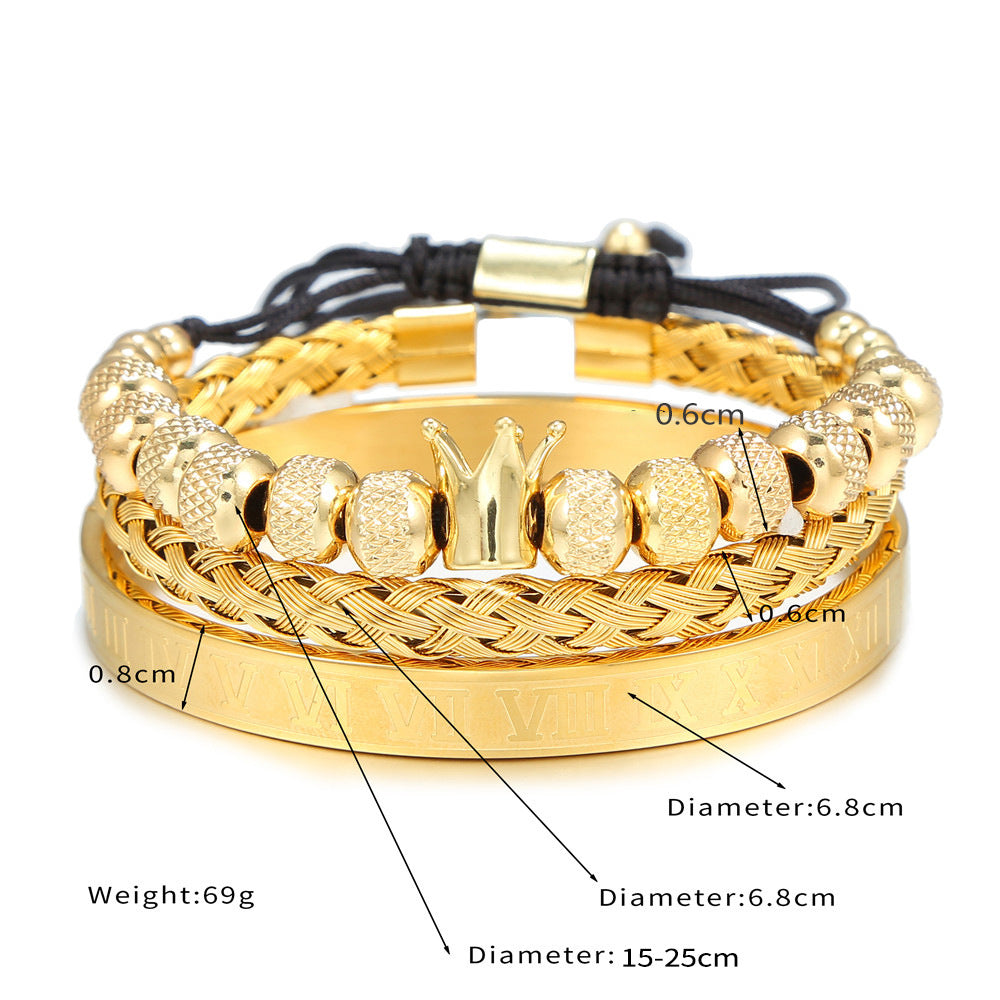 Vintage Crown Geometric Micro-inlay Stainless Steel Mesh Open Cuff Bracelet Set for Unisex