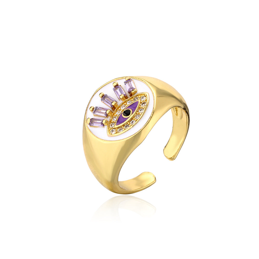 Geometric Brass Gold Plated Ring with Cubic Zirconia and Drip Oil Eye Design for Women