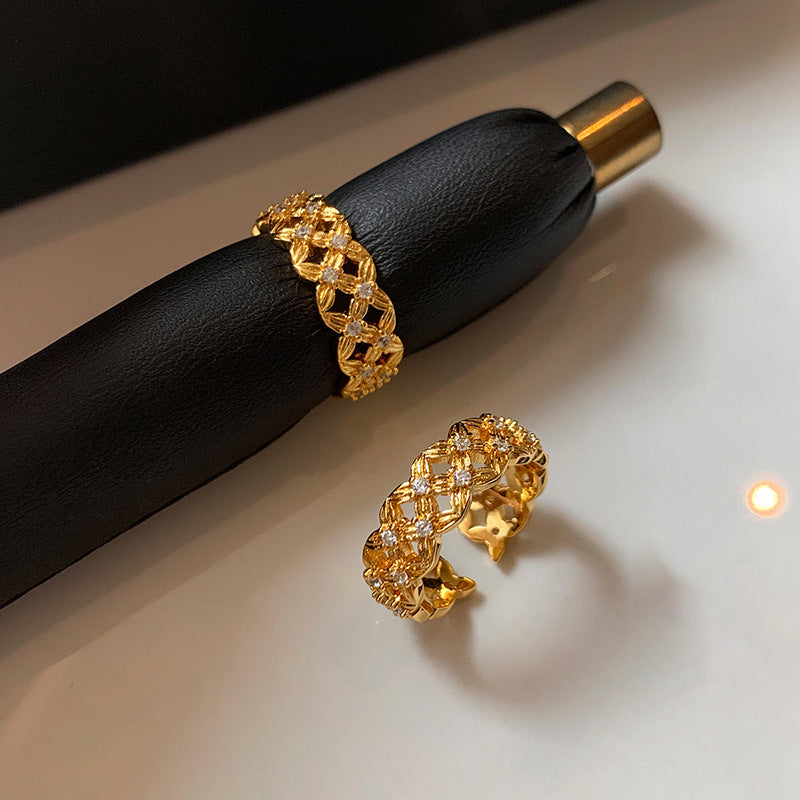 Anello Aperto Geometrico con Intarsio di Zirconi e Placcatura in Oro per Donne, Anello da Dito Minimalista Elegante di Ispirazione Francese