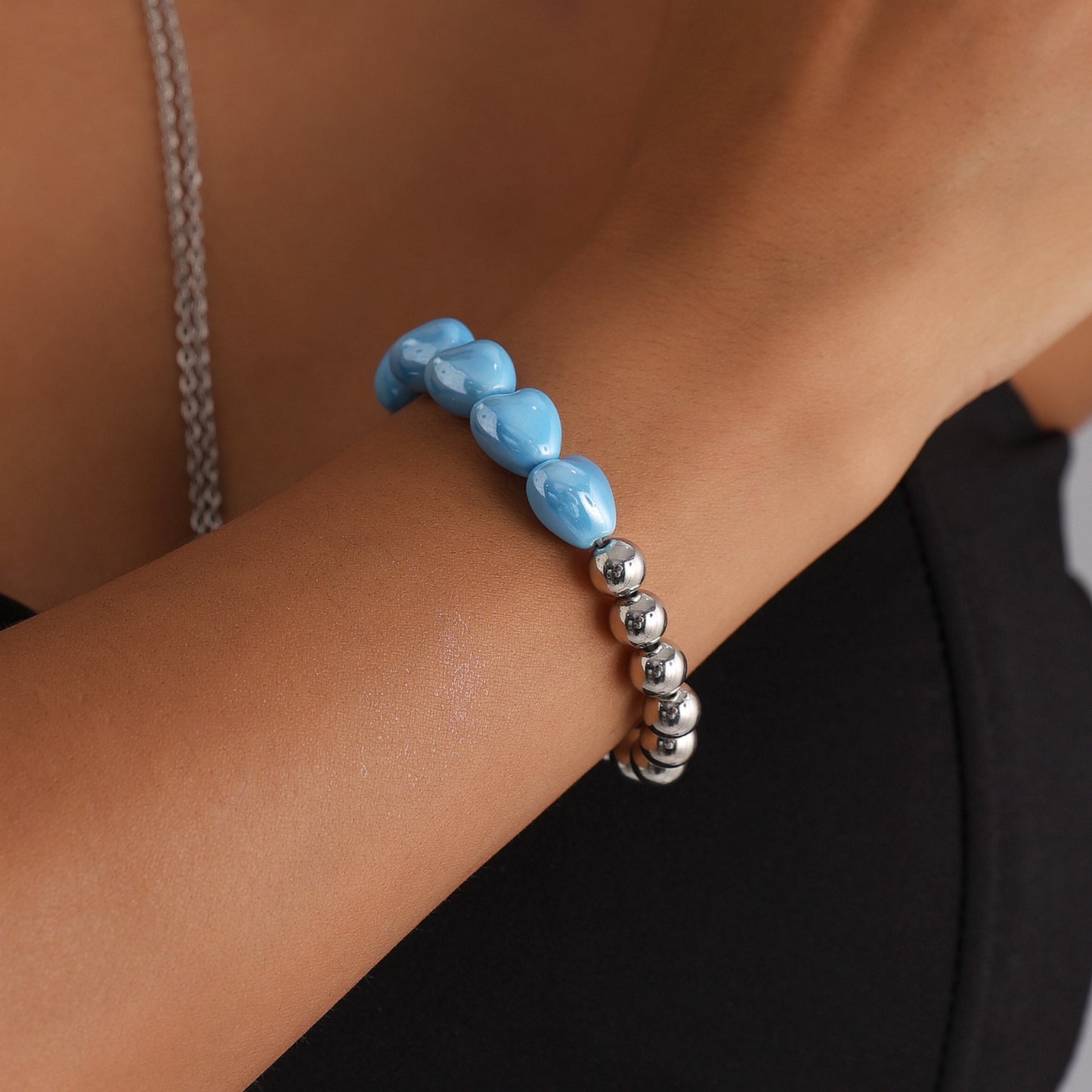 Fashion Geometric Heart Alloy Plated Necklace with Blue Tassel and Beads for Women