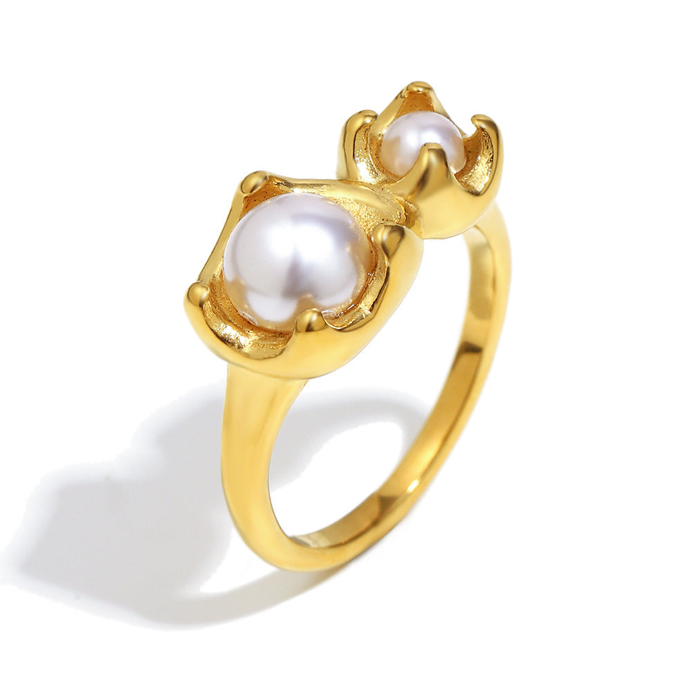 Anello da donna di lusso in acciaio inossidabile con motivo floreale geometrico, placcatura in oro 18 carati e perle simulate