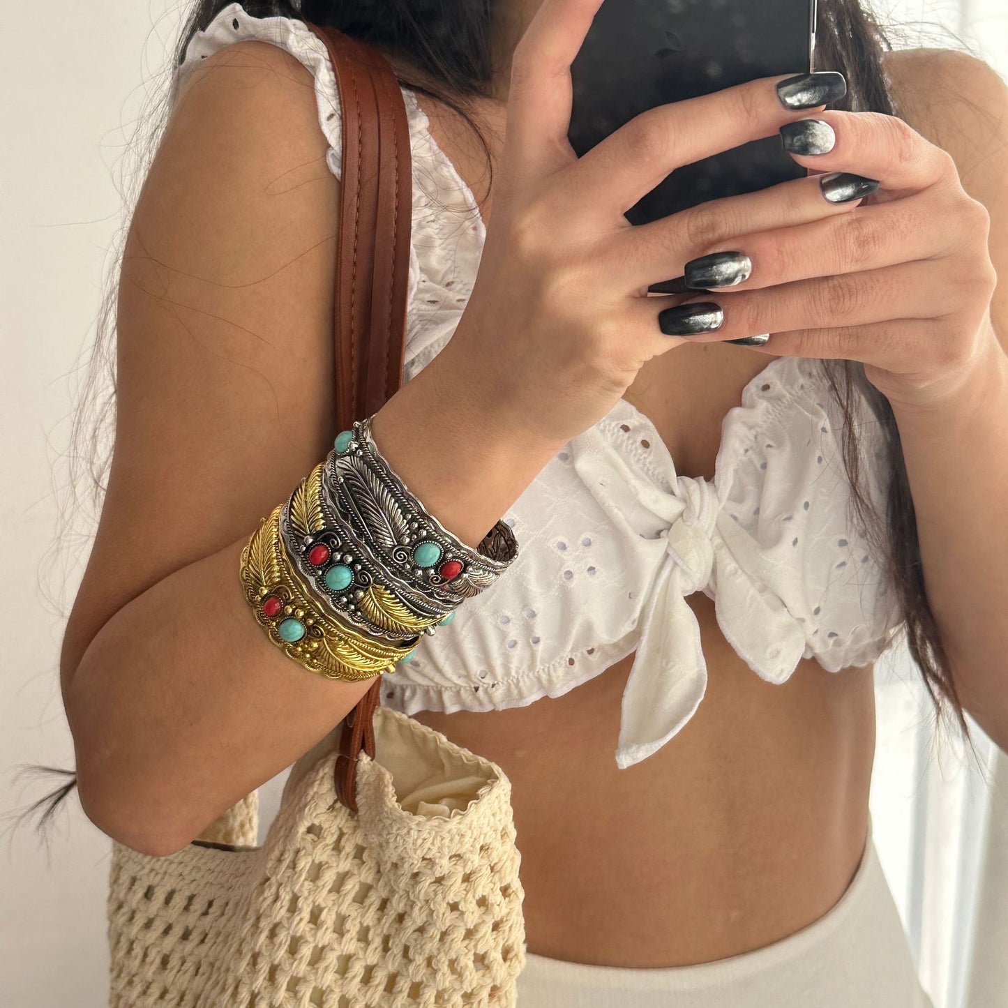 Bracciale vintage da donna con intarsi in turchese a forma di foglia, in lega placcata, stile etnico