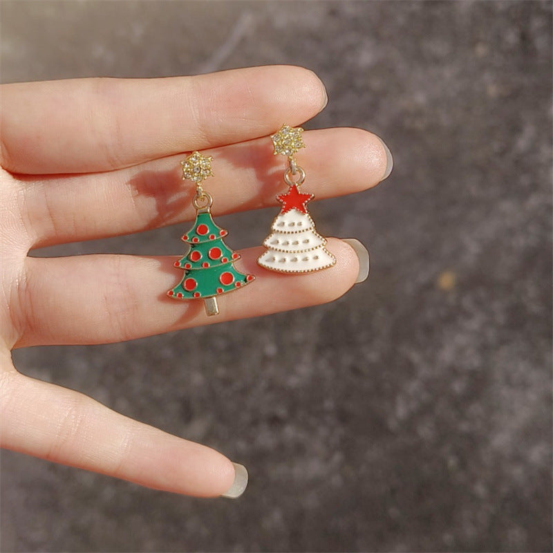 Pendientes de tuerca con forma de árbol de Navidad y diamantes de imitación rosas para mujer, con base de aleación de zinc y acabado galvanizado.
