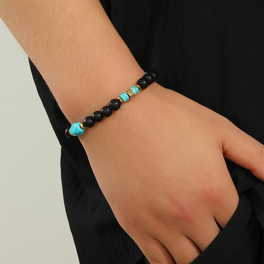 Vintage Geometric Black Obsidian and Turquoise Beaded Bracelet Handmade Round Beads Unisex Jewelry