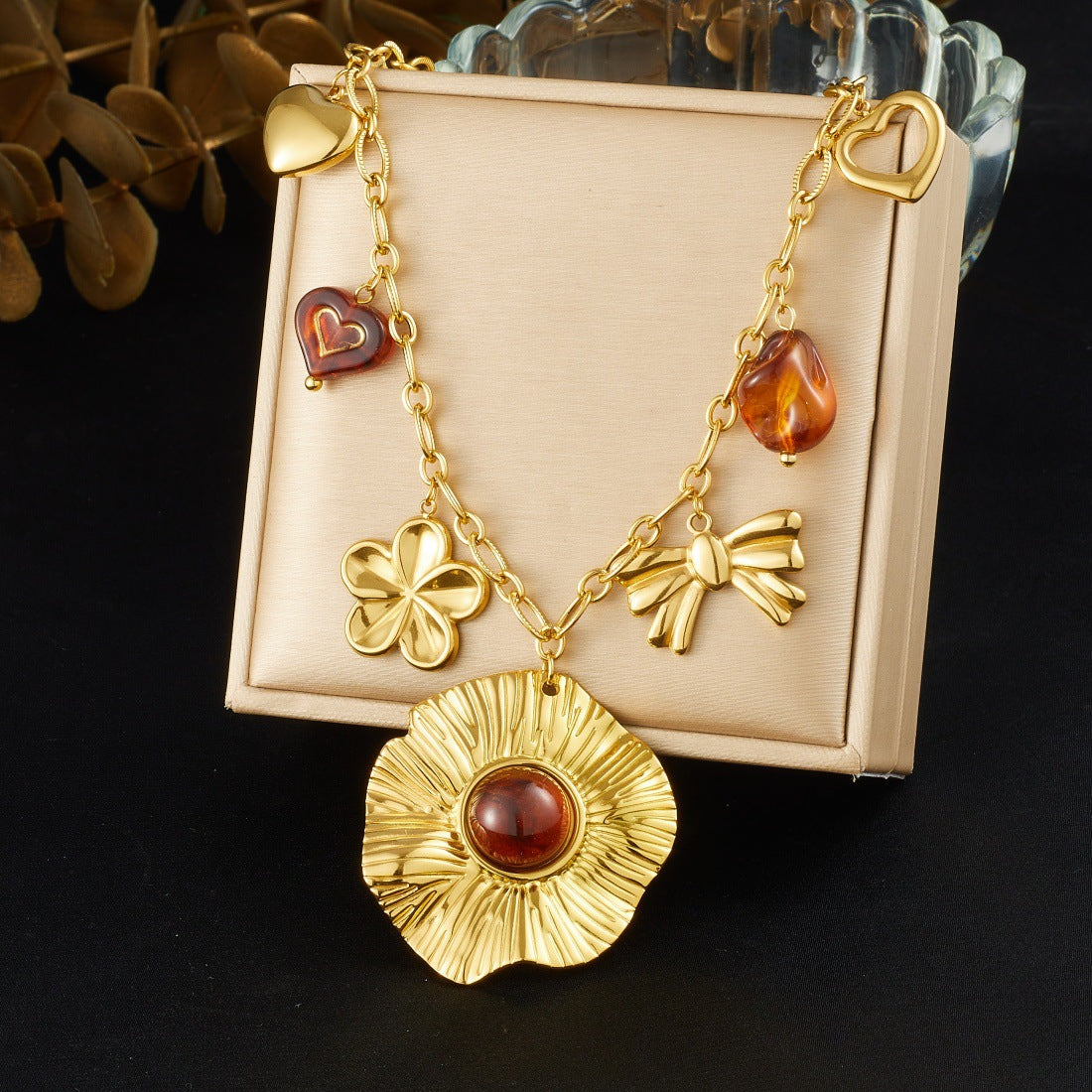 Vintage Gold Plated Floral Bow Heart Stainless Steel and Resin Pendant Necklace for Women