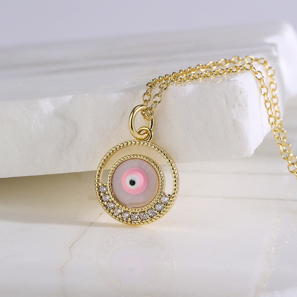 Collana pendente con occhio di Allah minimalista geometrico in rame con smalto e intarsio di zirconi per donna