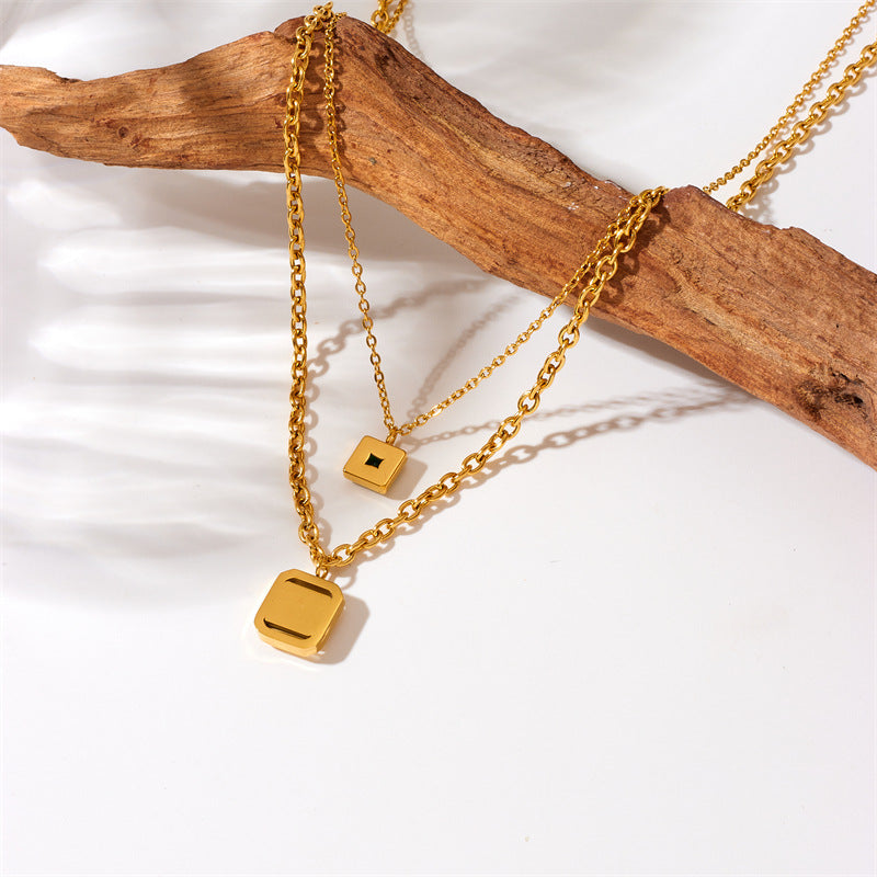 Vintage Minimalist Square Rhinestone-Embellished Titanium Steel Gold-Plated Necklace for Women