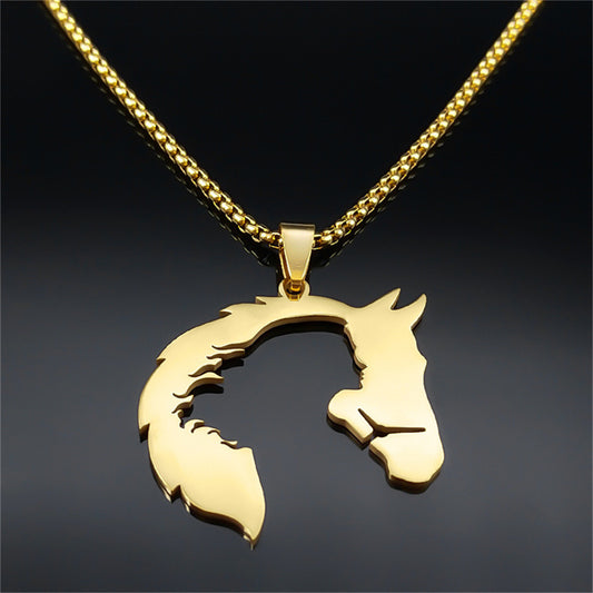 Collana Pendente Testa di Cavallo Geometrica Minimalista da Donna in Acciaio Inossidabile con Finitura Placcata, Catena Maglione