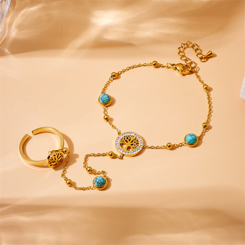 Bracciale di Tendenza Blu Turchese in Stile Vintage con Albero della Vita e Catena in Acciaio Inox Placcato Oro