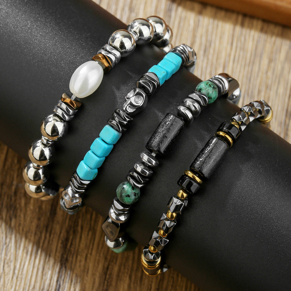 Bohemian Vintage Geometric Wood Hematite Turquoise Beaded Bracelet Unisex Casual Handmade