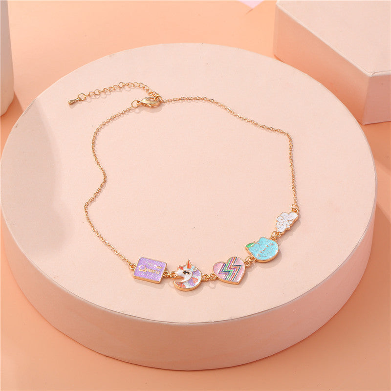 Cartoon Style Cloud and Unicorn Pendant Necklace for Kids Made of Alloy with Enamel Finish on Cross Chain