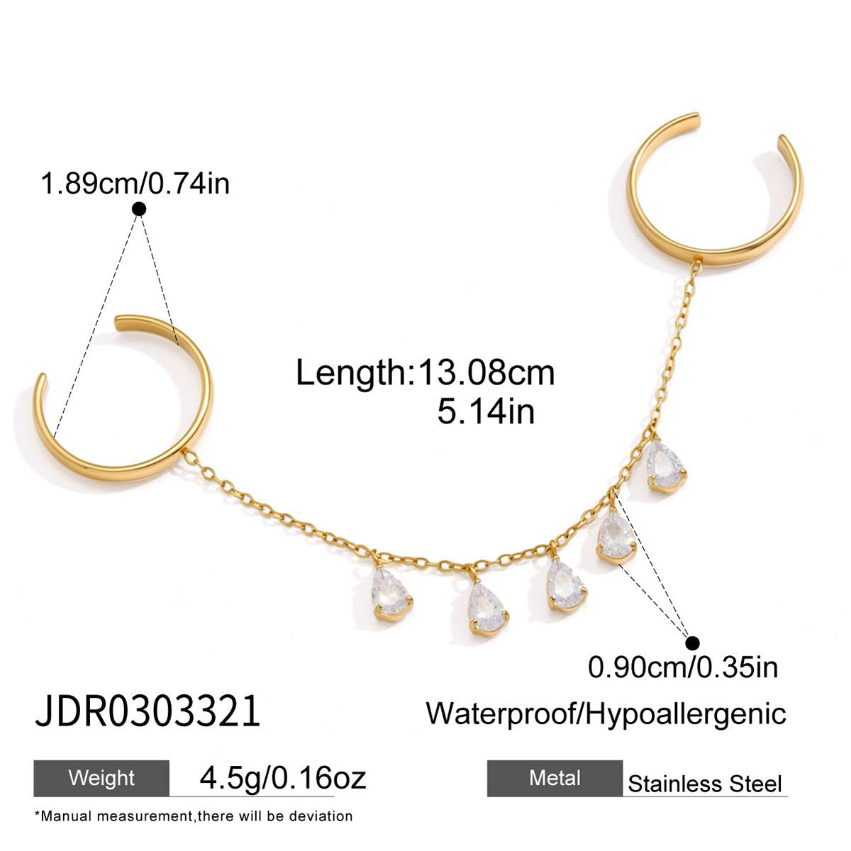 Elegant Geometric Stainless Steel Ring with Cubic Zirconia and Tassel Detail PVD Gold Plated