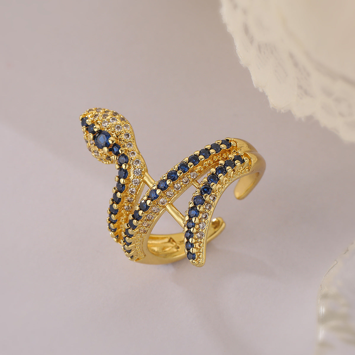 Minimalist Geometric Snake-Shaped Copper Ring with Real Gold Plating and Zircon Inlay for Women
