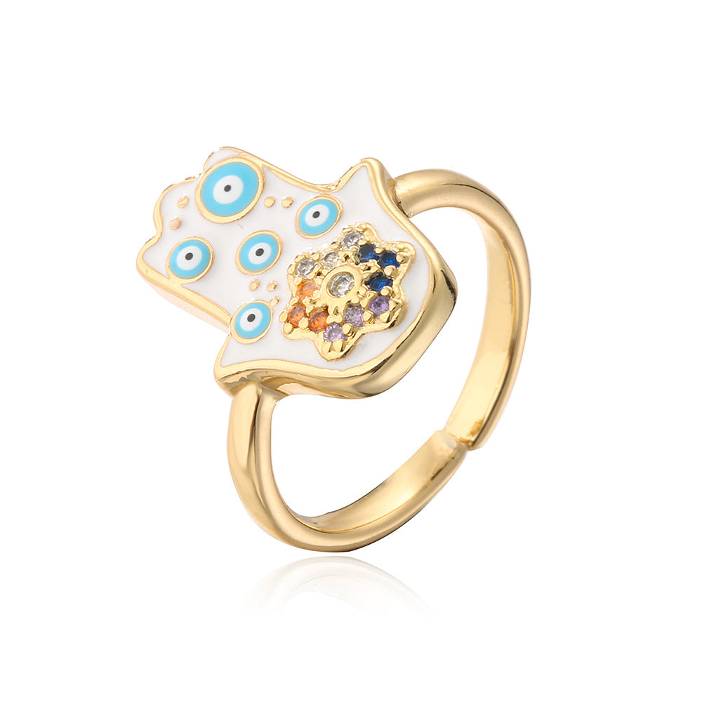 Ins Style Geometric Shaped Copper Ring with Gold Plating and Enamel Evil Eye and Hamsa Hand Design