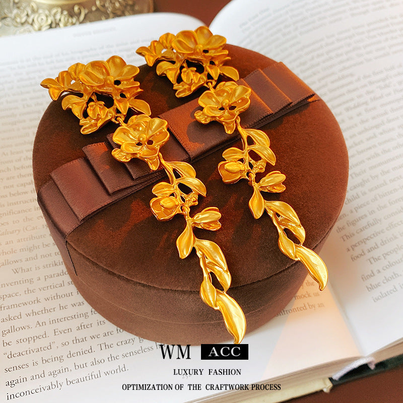 Vintage Floral Leaf Tassel Earrings in Copper for Women